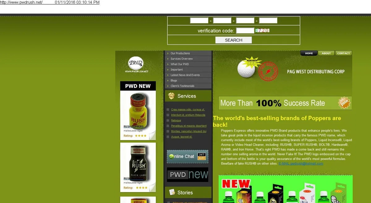 A printout dated January 11, 2016 of pwdrush.net: a green page with a PWD logo, a column of Rush, Super Rush Black Label and Super Rush bottles each captioned Rush Poppers, the words Pag West Distributing Corp, and a paragraph headed The world's best-selling brands of Poppers are back, offering liquid incense, liquid aroma or video head cleaner under the RUSH, SUPER RUSH, BOLT, Hardware, RAM and Iron Horse names.