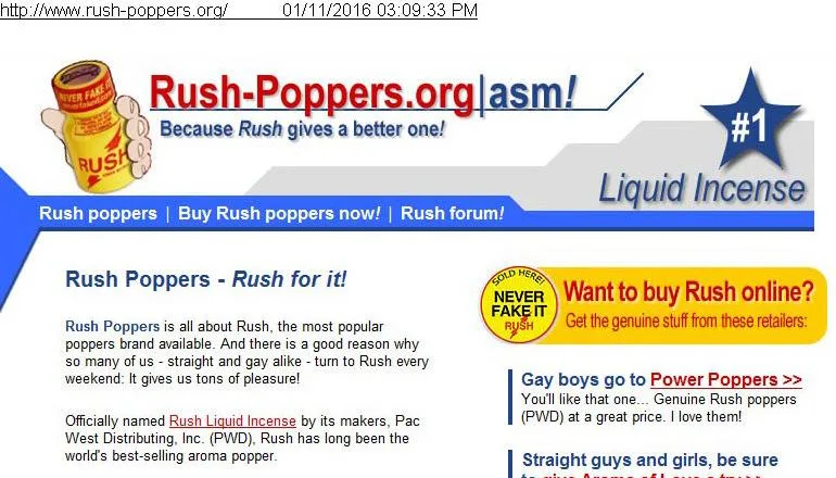 A printout dated January 11, 2016 of rush-poppers.org: a header reading Rush-Poppers.org, Because Rush gives a better one, number one Liquid Incense, a menu of Rush poppers, Buy Rush poppers now and Rush forum, and text calling Rush the most popular poppers brand, officially named Rush Liquid Incense by its makers, Pac West Distributing.