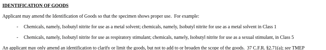 The Identification of goods section of the same office action: example amendments reading chemicals, namely, isobutyl nitrite for use as a metal solvent in class 1, and chemicals, namely, isobutyl nitrite for use as respiratory stimulant or as a sexual stimulant, in class 5.