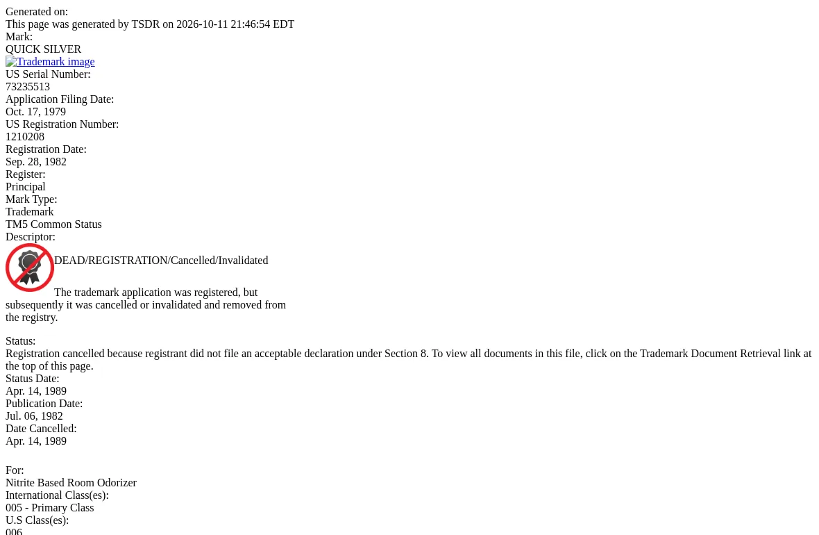 The USPTO status page for QUICK SILVER, serial 73235513, filed October 17, 1979, registration 1210208 of September 28, 1982, cancelled April 14, 1989 because the registrant did not file a Section 8 declaration, for Nitrite Based Room Odorizer.
