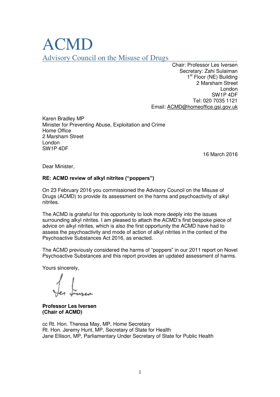 The first page of a letter from Professor Les Iversen, Chair of the Advisory Council on the Misuse of Drugs, to Karen Bradley MP, dated 16 March 2016, headed RE: ACMD review of alkyl nitrites (poppers).