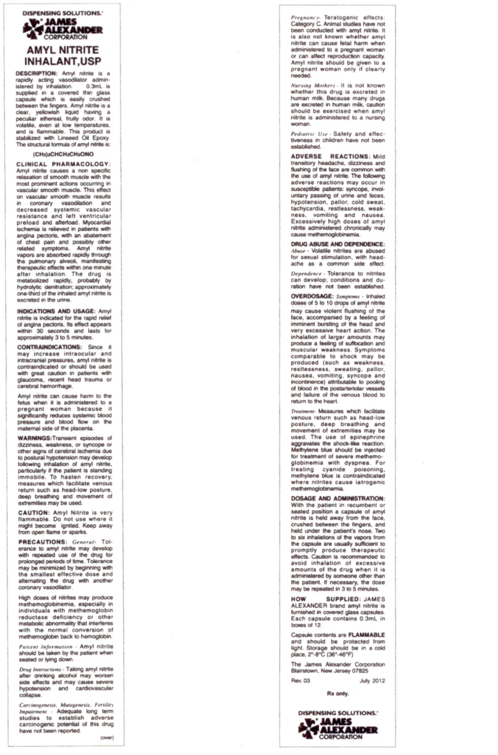 The two-column package insert for James Alexander amyl nitrite inhalant, with sections for description, clinical pharmacology, indications, contraindications, warnings, precautions, adverse reactions, drug abuse and dependence, overdosage and how supplied.