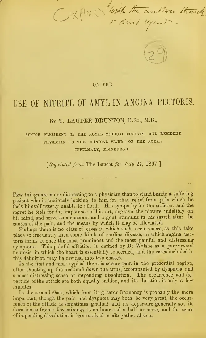 The first page of a reprint titled On the Use of Nitrite of Amyl in Angina Pectoris by T. Lauder Brunton, reprinted from The Lancet for July 27, 1867, with a handwritten dedication at the top.