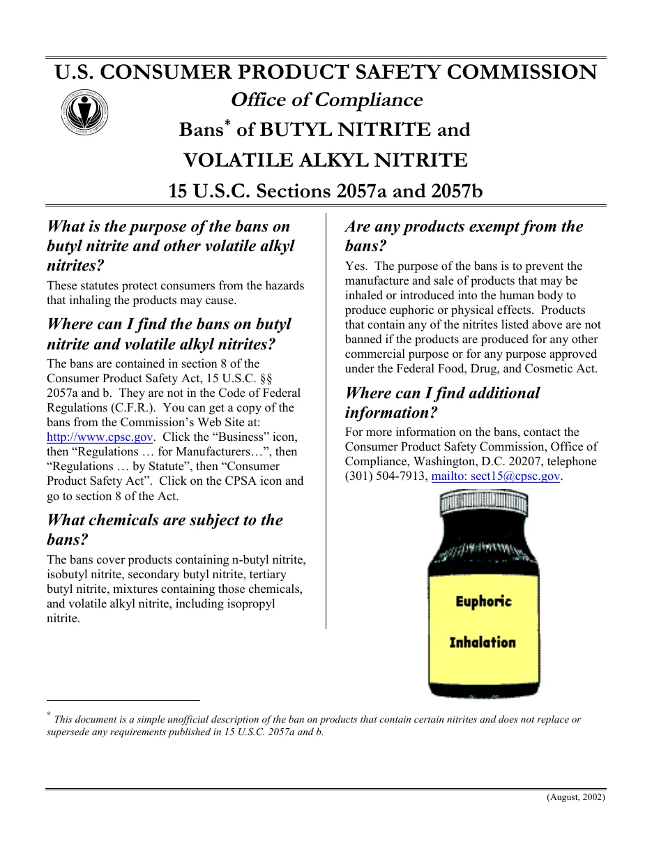 A one-page CPSC Office of Compliance sheet dated August 2002 headed Bans of Butyl Nitrite and Volatile Alkyl Nitrite, 15 U.S.C. Sections 2057a and 2057b, in question-and-answer form, illustrated with a cartoon brown bottle labelled Euphoric Inhalation.