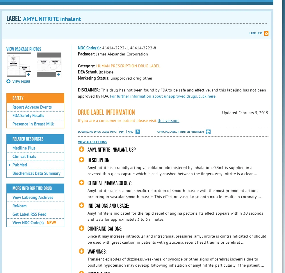 The DailyMed page for AMYL NITRITE inhalant, packager James Alexander Corporation, category human prescription drug label, DEA schedule none, marketing status unapproved drug other, with a disclaimer that the drug has not been found by FDA to be safe and effective.
