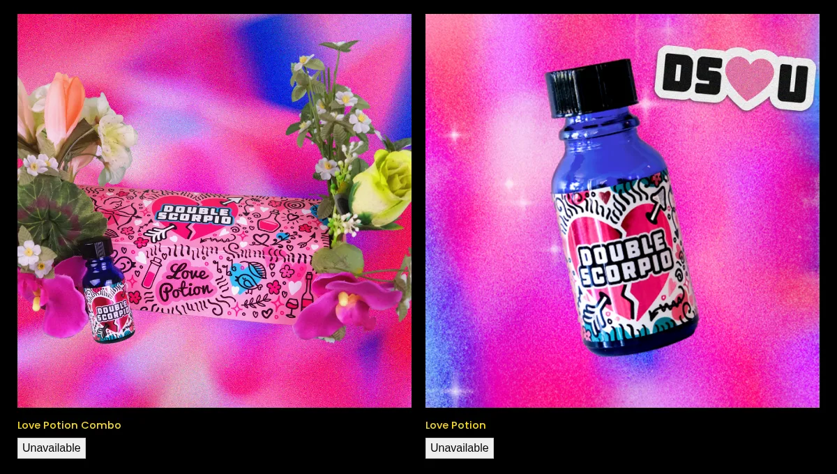 Two product tiles from an archived storefront: a pink Love Potion gift box with a small blue bottle labelled Double Scorpio, and the blue bottle alone, both marked Unavailable.