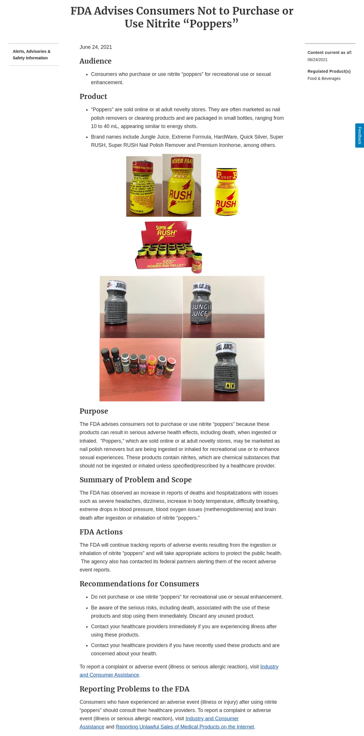 The FDA advisory of June 24, 2021, FDA Advises Consumers Not to Purchase or Use Nitrite Poppers, with photographs of Power-Pak Pellet, Rush, Super Rush and Jungle Juice bottles and sections headed Purpose, Summary of Problem and Scope, and FDA Actions.