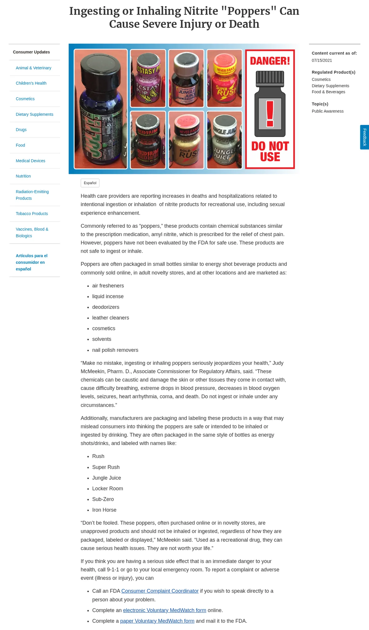 The FDA consumer update Ingesting or Inhaling Nitrite Poppers Can Cause Severe Injury or Death, with a banner of bottles including Ecstasy Pop, Jungle Juice Platinum, Super Rush and Gold Rush beside a Danger Do Not Use sign, and lists of disguises and brand names.