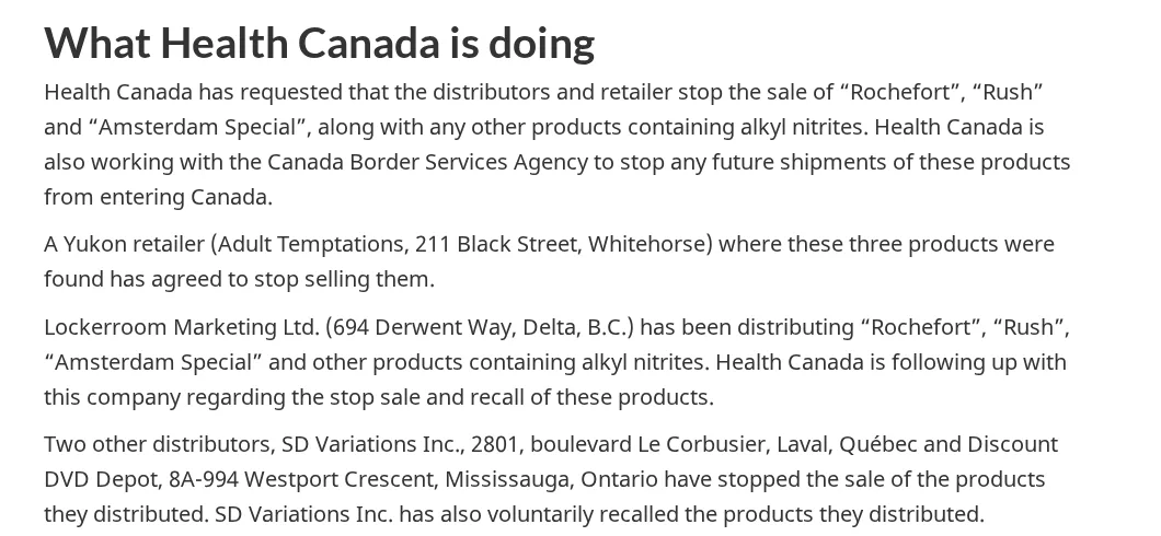 The What Health Canada is doing section of a May 2013 advisory, naming Rochefort, Rush and Amsterdam Special, a Yukon retailer, the distributor Lockerroom Marketing Ltd. of Delta, B.C., and two other distributors that stopped sales.
