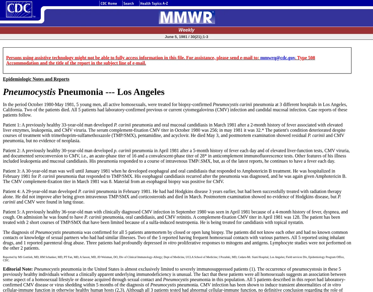The CDC's Morbidity and Mortality Weekly Report of June 5, 1981, headed Pneumocystis Pneumonia, Los Angeles, describing five young men treated at three hospitals, with the line that all five reported using inhalant drugs.