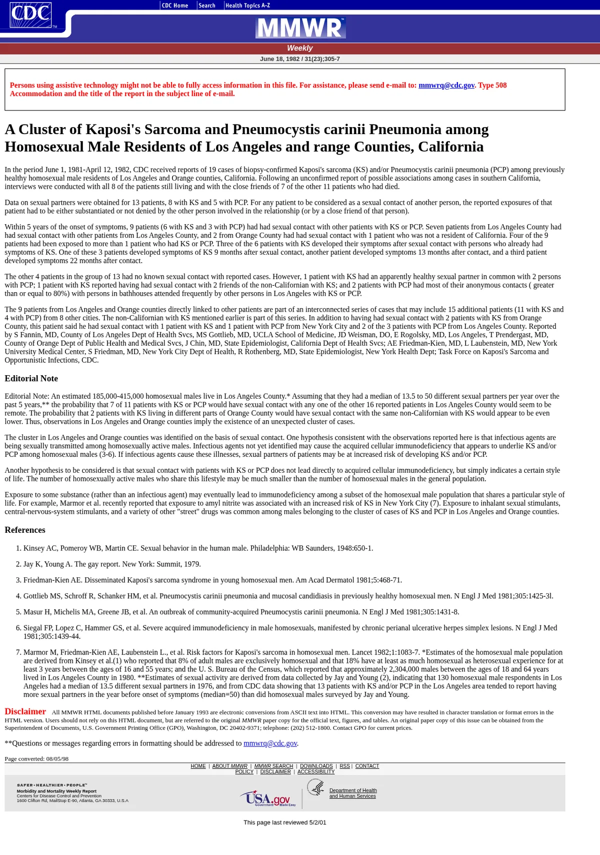 The MMWR of June 18, 1982, A Cluster of Kaposi's Sarcoma and Pneumocystis carinii Pneumonia among Homosexual Male Residents of Los Angeles and Orange Counties, California, with an editorial note discussing infectious agents and exposure to amyl nitrite.
