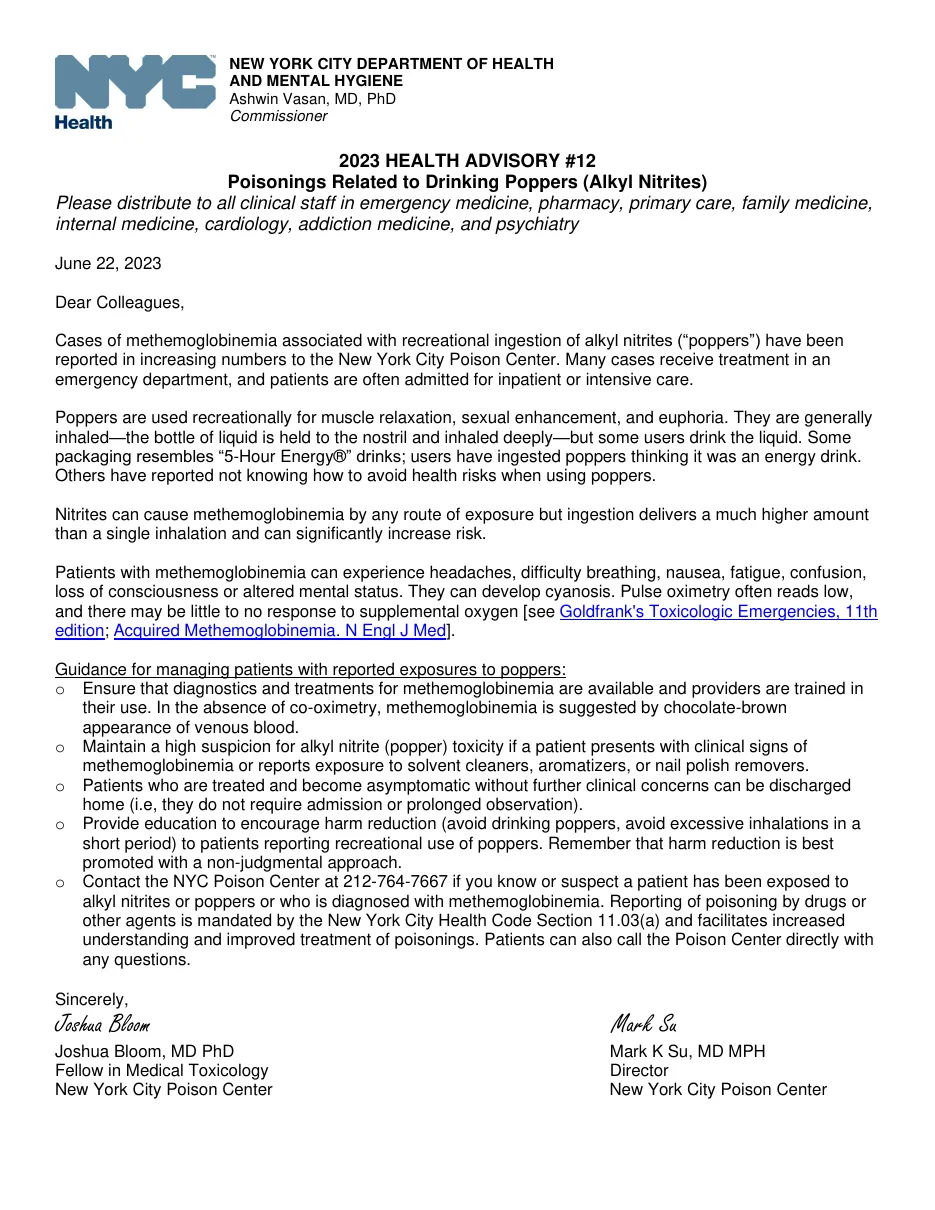 New York City Department of Health 2023 Health Advisory number 12, Poisonings Related to Drinking Poppers (Alkyl Nitrites), dated June 22, 2023, signed by Joshua Bloom and Mark Su of the New York City Poison Center.