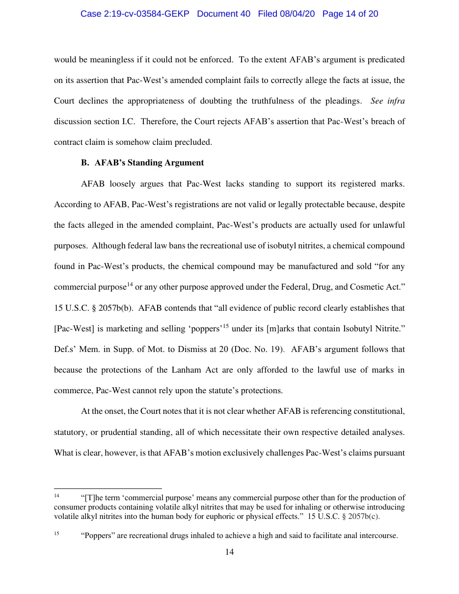 Page 14 of a memorandum in Pac-West Distributing NV LLC v. AFAB Industrial Services, Eastern District of Pennsylvania, filed August 4, 2020, discussing AFAB's standing argument, with footnote 15 defining poppers.
