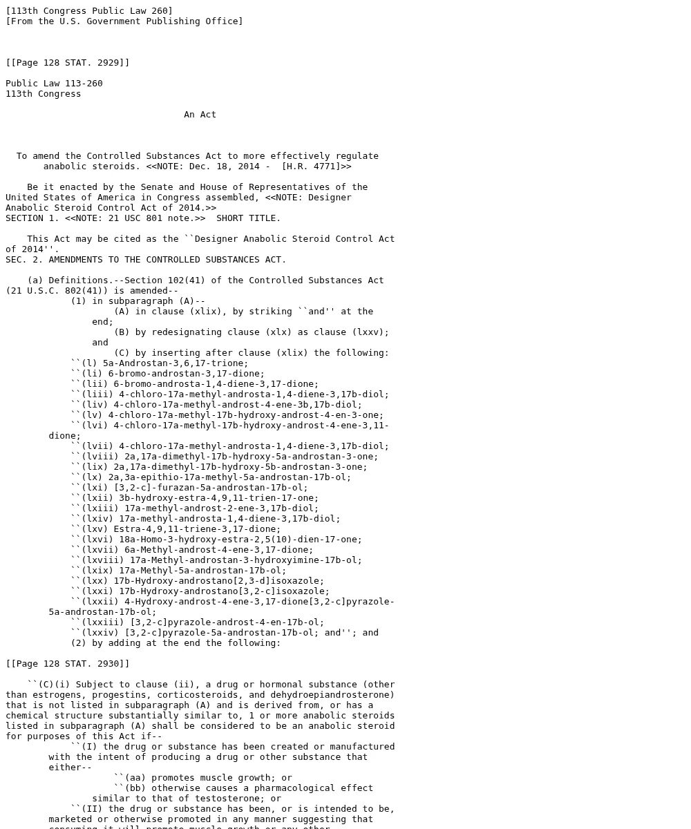 Text of Public Law 113-260, the Designer Anabolic Steroid Control Act of 2014, showing the list of chemical names added as clauses (l) to (lxxiv), and below it the new clause on substances derived from or substantially similar to listed anabolic steroids.
