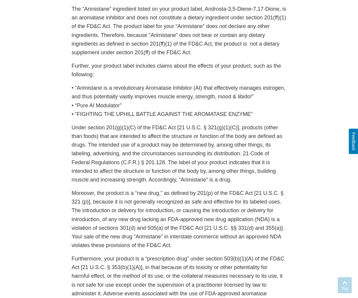 Section of an FDA warning letter: The Arimistane ingredient listed on your product label, Androsta-3,5-Diene-7,17-Dione, is an aromatase inhibitor and does not constitute a dietary ingredient, followed by the label claims it quotes and the finding that the product is a new drug.