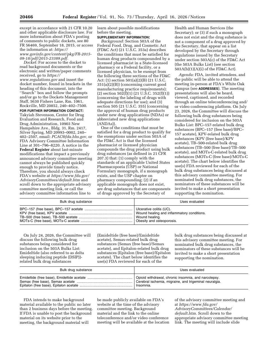 Page 20466 of the Federal Register for April 16, 2026, with two tables of bulk drug substances and the uses FDA evaluated: BPC-157 for ulcerative colitis, KPV for wound healing and inflammatory conditions, TB-500 for wound healing, MOTs-C for obesity and osteoporosis, then emideltide, Semax and Epitalon.