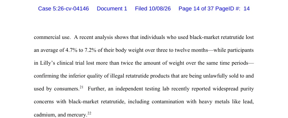 Page 14 of a Lilly complaint filed 10/08/26, case 5:26-cv-04146: a paragraph saying an independent testing lab recently reported widespread purity concerns with black-market retatrutide, including contamination with heavy metals like lead, cadmium, and mercury, footnote 22.
