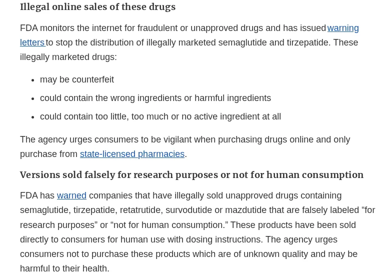 Section of the FDA web page on unapproved GLP-1 drugs: Illegal online sales of these drugs, with three bullets ending could contain too little, too much or no active ingredient at all, and a section headed Versions sold falsely for research purposes or not for human consumption that names retatrutide.