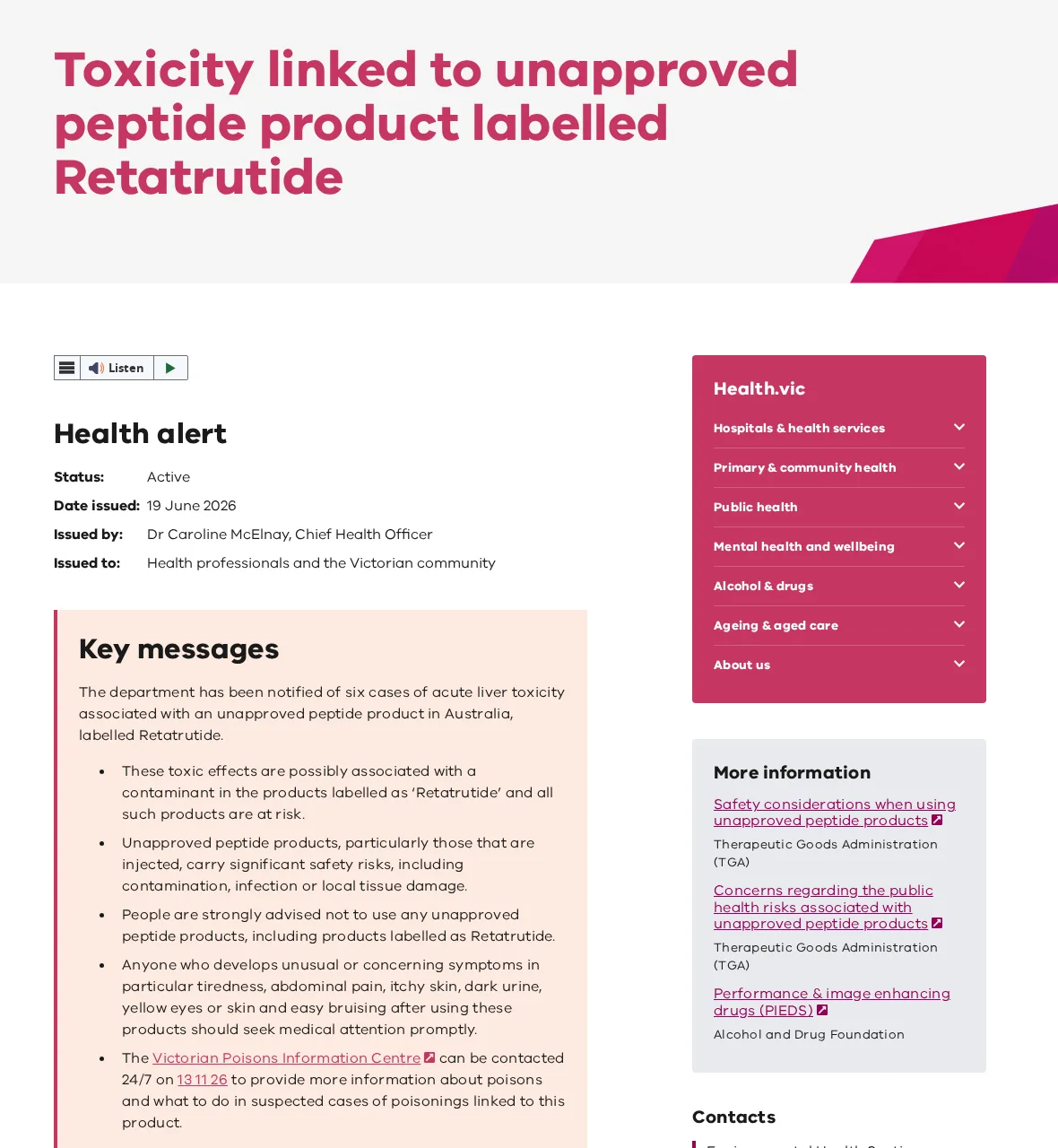 Victorian Department of Health health alert, Toxicity linked to unapproved peptide product labelled Retatrutide, issued 19 June 2026 by Dr Caroline McElnay, Chief Health Officer, with a Key messages box describing six cases of acute liver toxicity and listing symptoms.