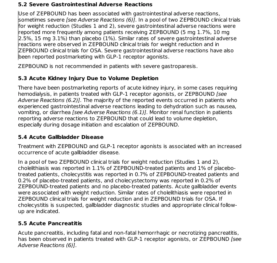 Page 7 of the Zepbound (tirzepatide) prescribing information, sections 5.2 Severe Gastrointestinal Adverse Reactions, 5.3 Acute Kidney Injury Due to Volume Depletion, 5.4 Acute Gallbladder Disease and 5.5 Acute Pancreatitis.