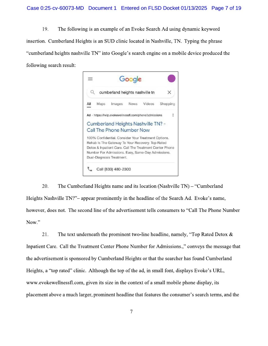Page 7 of the FTC's complaint against Evoke Wellness: a phone screenshot of a Google search for cumberland heights nashville tn returning an ad headed Cumberland Heights Nashville TN? Call The Phone Number Now, from help.evokewellnessfl.com, with a phone number.