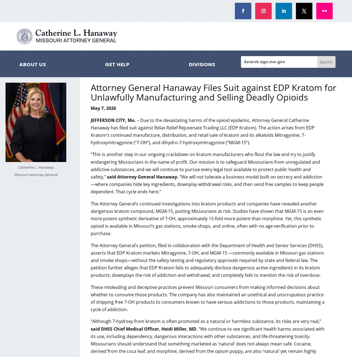 The Missouri Attorney General's release of May 7, 2026, Attorney General Hanaway Files Suit against EDP Kratom, beside the office's official portrait of Attorney General Catherine L. Hanaway.