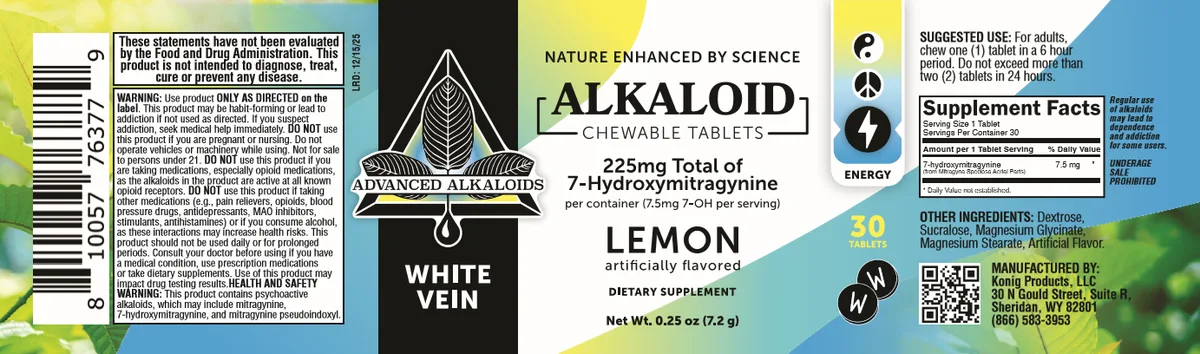 The full wrap-around label of Advanced Alkaloids Alkaloid Chewable Tablets, White Vein, Lemon, 30 count, with its total and per-serving 7-hydroxymitragynine claim, a Supplement Facts panel and a warning panel.