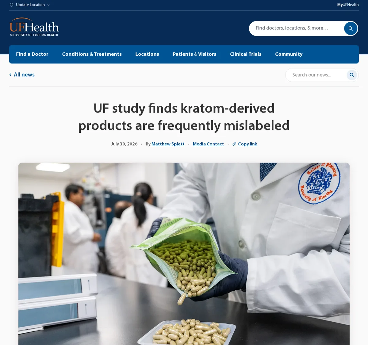 The UF Health news page of July 30, 2026, headed UF study finds kratom-derived products are frequently mislabeled, with a photograph of a gloved hand holding an open bag of kratom capsules in a laboratory.