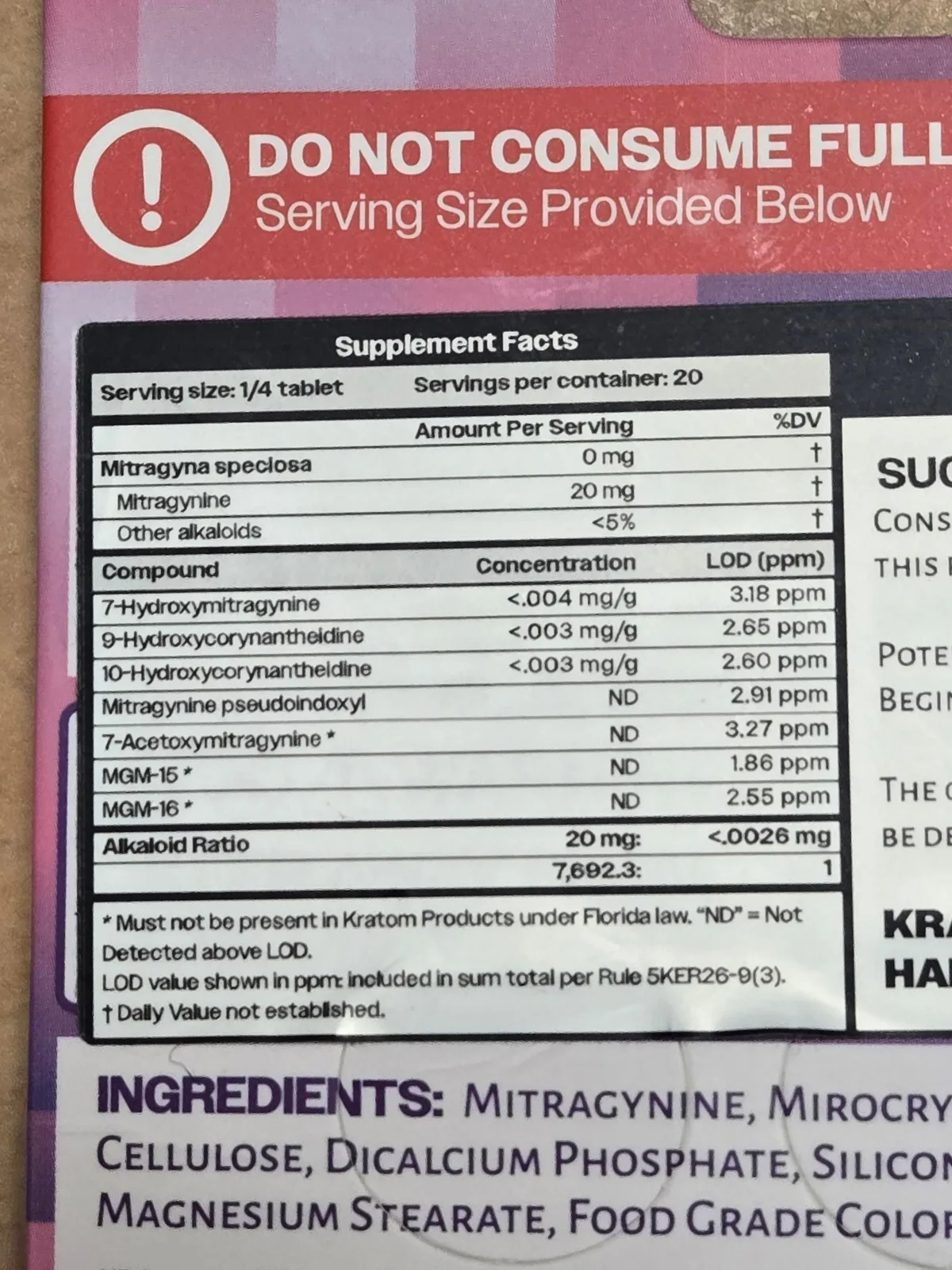 The back of a 7 Stax blister card: Supplement Facts, serving size 1/4 tablet, mitragynine 20 mg, other alkaloids under 5 per cent; a compound table listing 7-hydroxymitragynine under .004 mg/g, mitragynine pseudoindoxyl, 7-acetoxymitragynine, MGM-15 and MGM-16 as ND; a footnote reading Must not be present in Kratom Products under Florida law, and a rule number 5KER26-9(3).