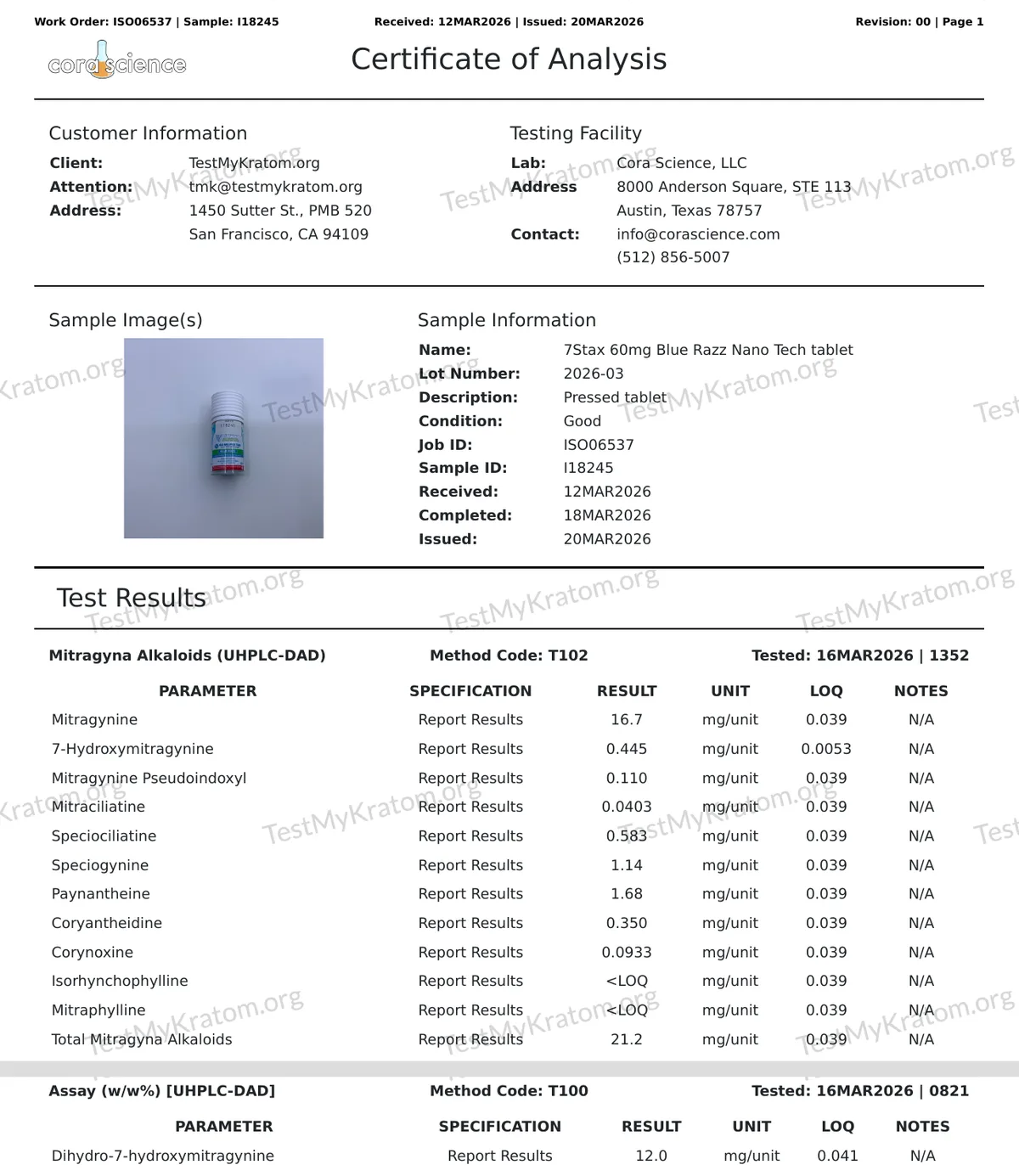 A Cora Science certificate of analysis for TestMyKratom.org, sample I18245, 7Stax 60mg Blue Razz Nano Tech tablet, lot 2026-03, received 12 March 2026: mitragynine 16.7 mg per unit, 7-hydroxymitragynine 0.445, mitragynine pseudoindoxyl 0.110, total mitragyna alkaloids 21.2; and below, from the second page, dihydro-7-hydroxymitragynine 12.0 mg per unit.