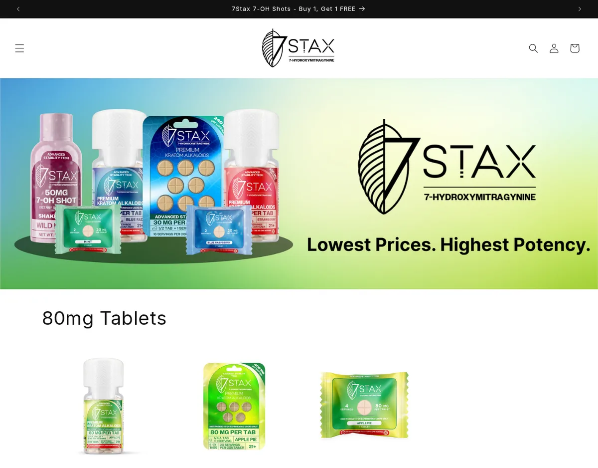 The 7stax.com home page in August 2025, with its age check hidden: a banner reading 7Stax 7-OH Shots Buy 1, Get 1 FREE, the 7STAX logo, a hero image of shots, bottles and blister cards beside the slogan Lowest Prices. Highest Potency., and a row headed 80mg Tablets.