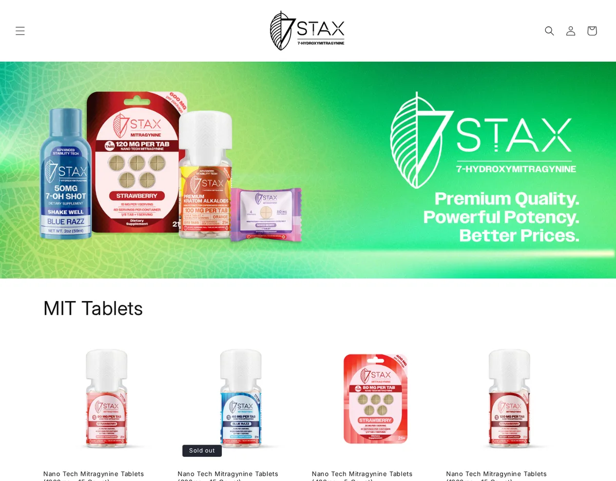 The 7stax.com home page on 2026-10-01, with its age check hidden: a green banner of a 50 mg 7-OH shot, a red 7 Stax Mitragynine card of 120 mg per tab, a bottle and a single pack beside the logo and the slogan Premium Quality. Powerful Potency. Better Prices., then a row headed MIT Tablets of Nano Tech Mitragynine bottles and cards.