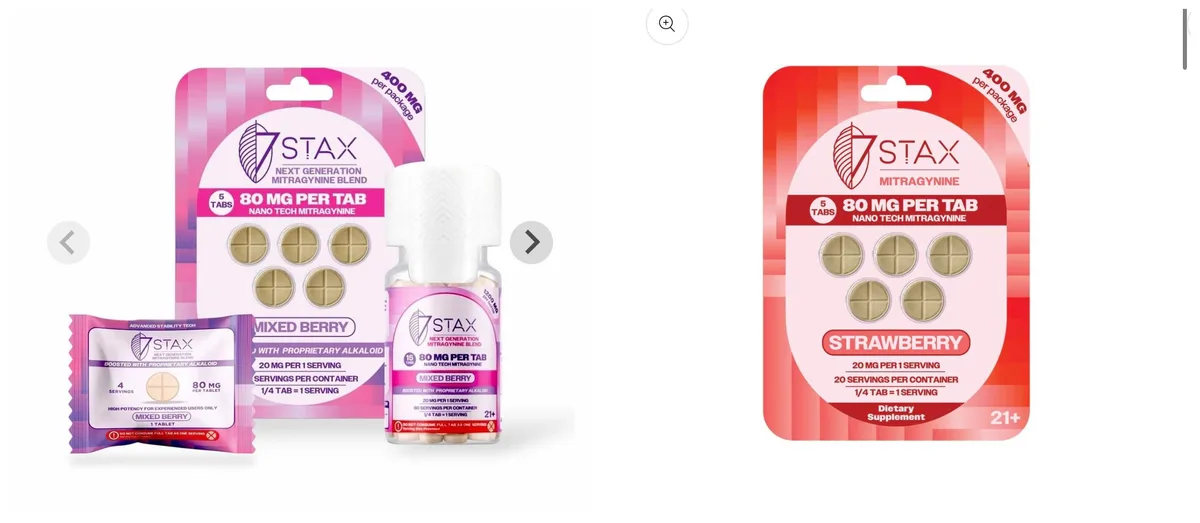 Two phone screenshots side by side. Left, a retailer's listing of a pink 7 Stax card, Next Generation Mitragynine Blend, 80 mg per tab, Nano Tech Mitragynine, Mixed Berry, with a band reading with Proprietary Alkaloid. Right, the 7stax.com listing of a red card, 7STAX Mitragynine, 80 mg per tab, Nano Tech Mitragynine, Strawberry, Dietary Supplement.