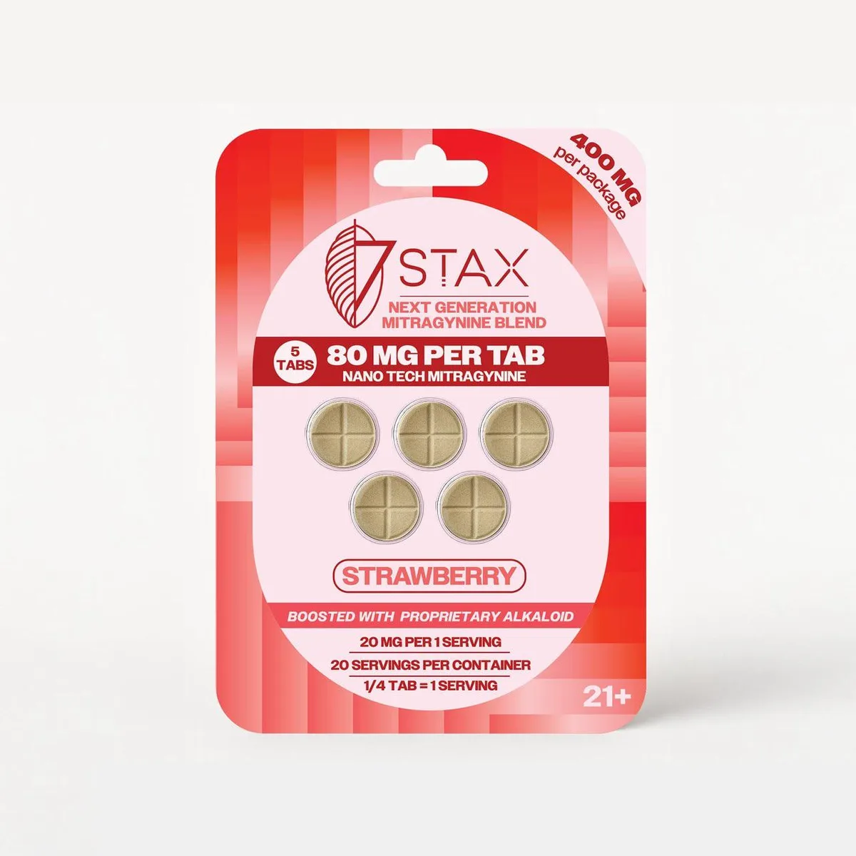 A product image of a red 7 Stax blister card of five tablets: 7STAX Next Generation Mitragynine Blend, 80 MG PER TAB, Nano Tech Mitragynine, Strawberry, and a band reading Boosted With Proprietary Alkaloid, 20 mg per 1 serving, 1/4 tab = 1 serving, 21+.