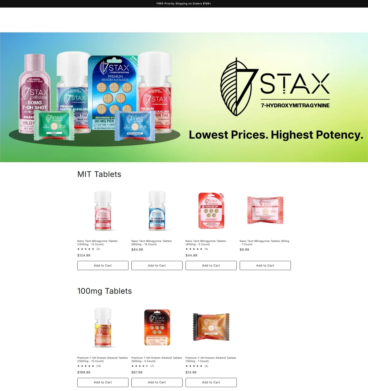 The top of the 7stax.com home page as filed with the USPTO in January 2026: a banner of 7 Stax bottles, blister cards and a 50 mg 7-OH shot beside the 7STAX logo with the word 7-Hydroxymitragynine and the slogan Lowest Prices. Highest Potency., then a row headed MIT Tablets with four Nano Tech Mitragynine products and a row headed 100mg Tablets with three Premium 7-OH Kratom Alkaloid products.
