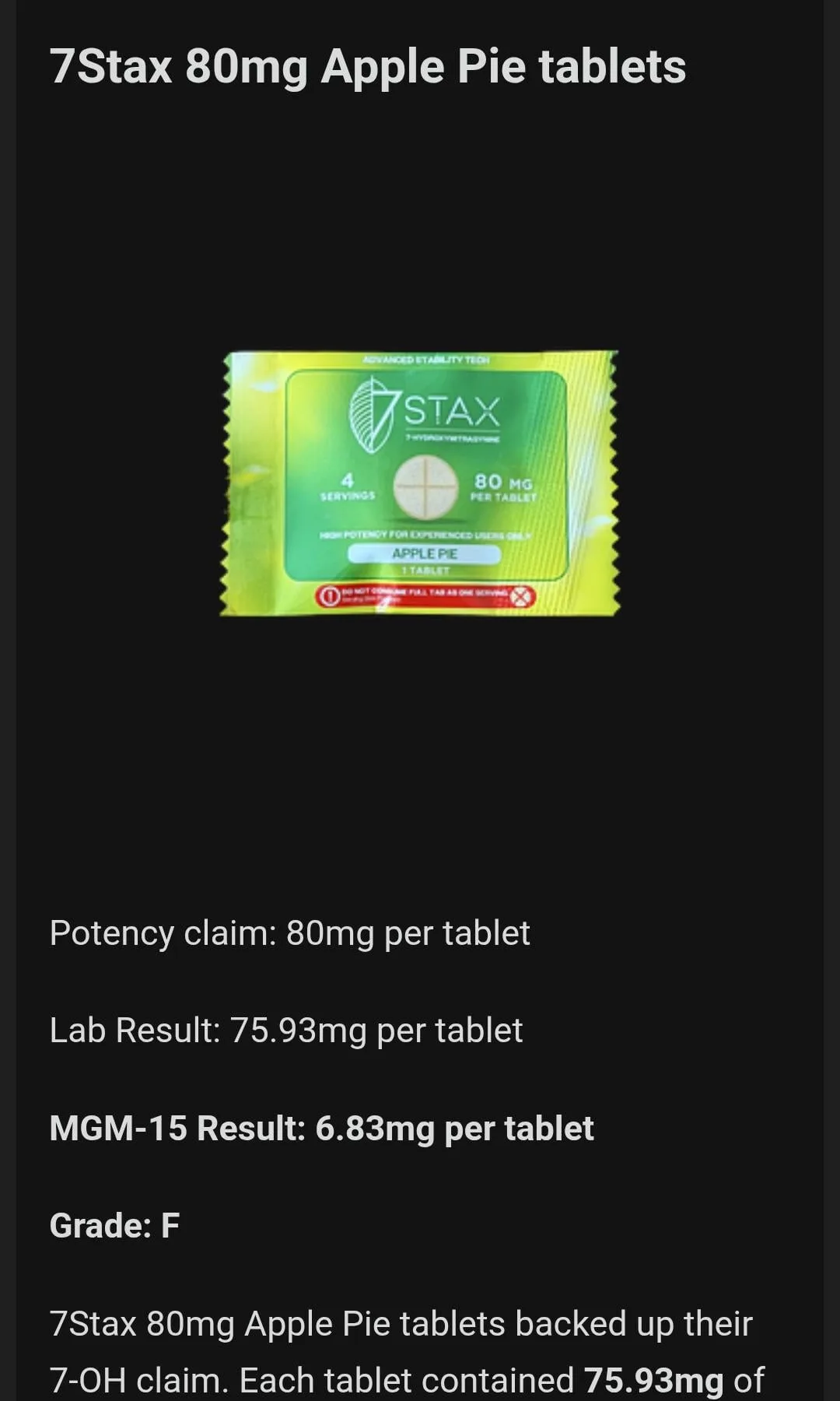 A phone screenshot of a TestMyKratom result email: 7Stax 80mg Apple Pie tablets, a photo of a green single-tablet pack, Potency claim 80mg per tablet, Lab Result 75.93mg per tablet, MGM-15 Result 6.83mg per tablet, Grade F.