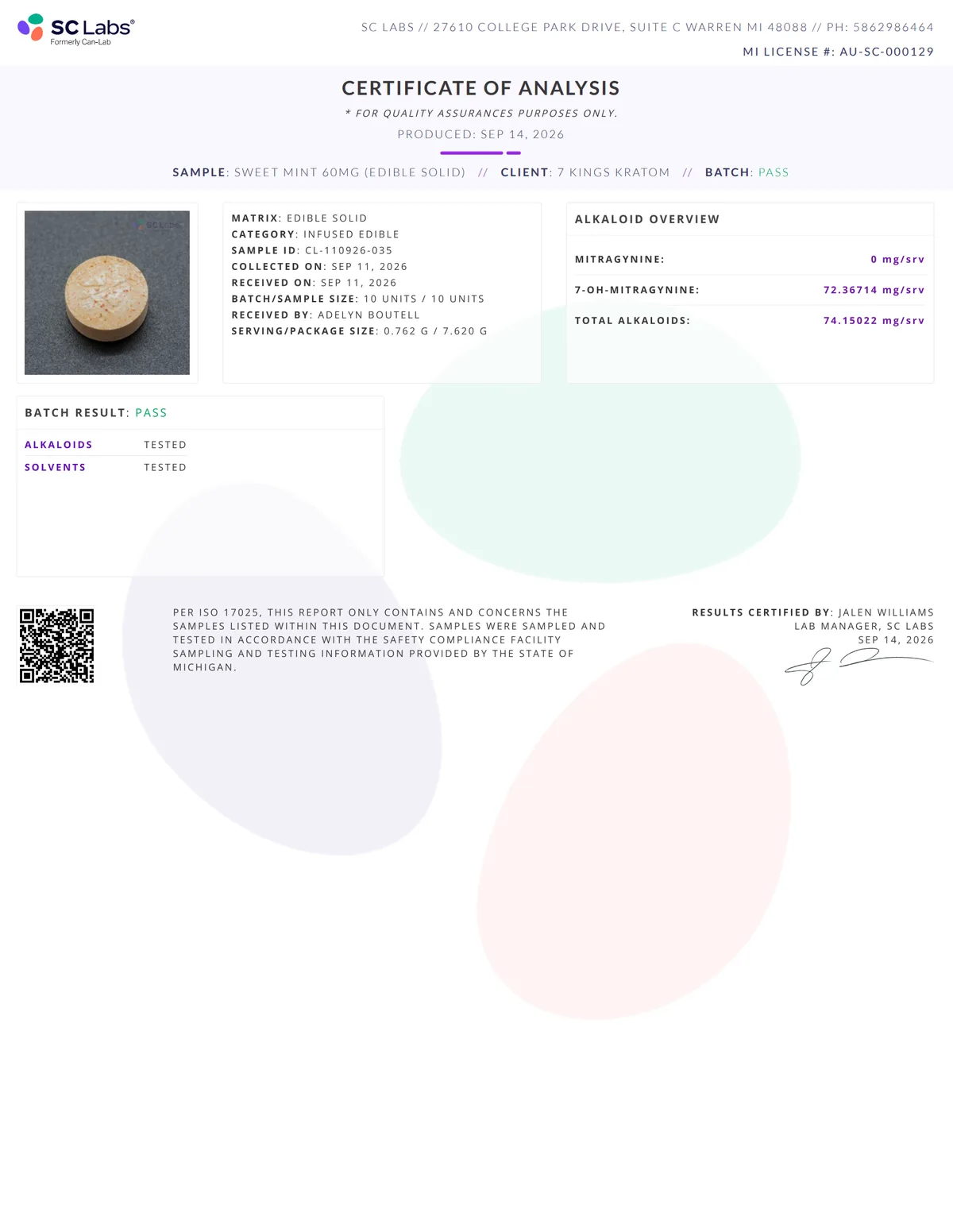 SC Labs certificate, 14 September 2026, client 7 Kings Kratom, sample Sweet Mint 60mg (edible solid): a speckled tablet; serving size 0.762 g; 7-OH-mitragynine 72.36714 mg per serving.