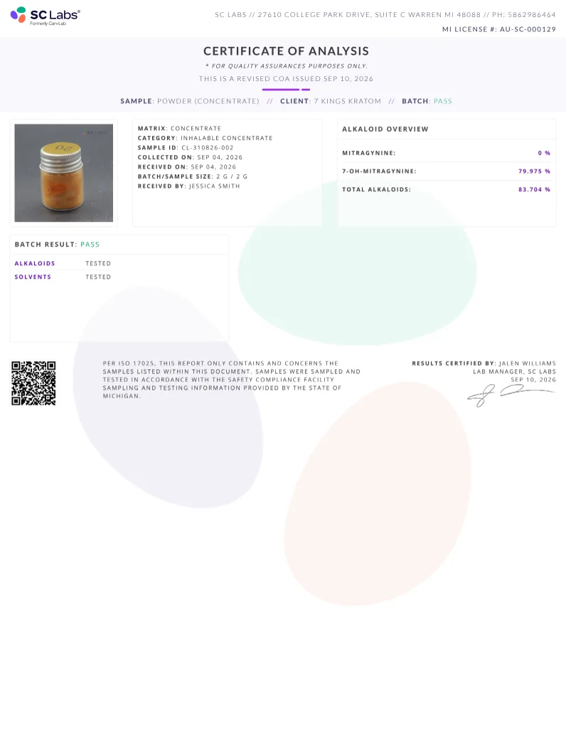 SC Labs revised certificate issued 10 September 2026, client 7 Kings Kratom, sample Powder (concentrate), batch/sample size 2 g / 2 g: mitragynine 0%, 7-OH 79.975%, total alkaloids 83.704%.