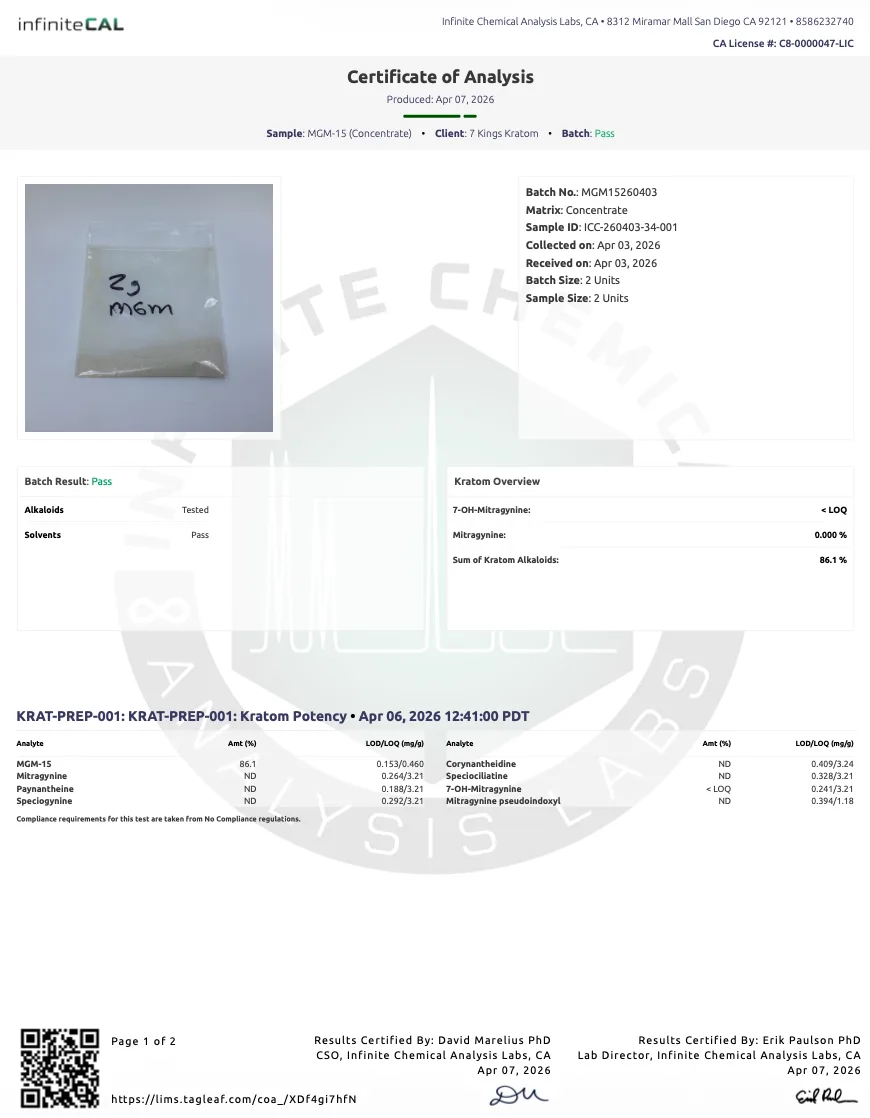 Infinite Chemical Analysis Labs certificate, 7 April 2026, client 7 Kings Kratom, sample MGM-15 (Concentrate): a photo of a small bag hand-labelled 2g MGM, batch size 2 units, MGM-15 86.1%.
