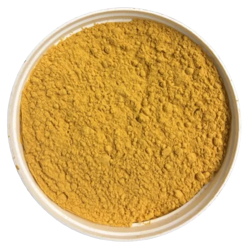 A shallow white dish of mustard-yellow powder, the product photo for the 90% Fluff Powder.