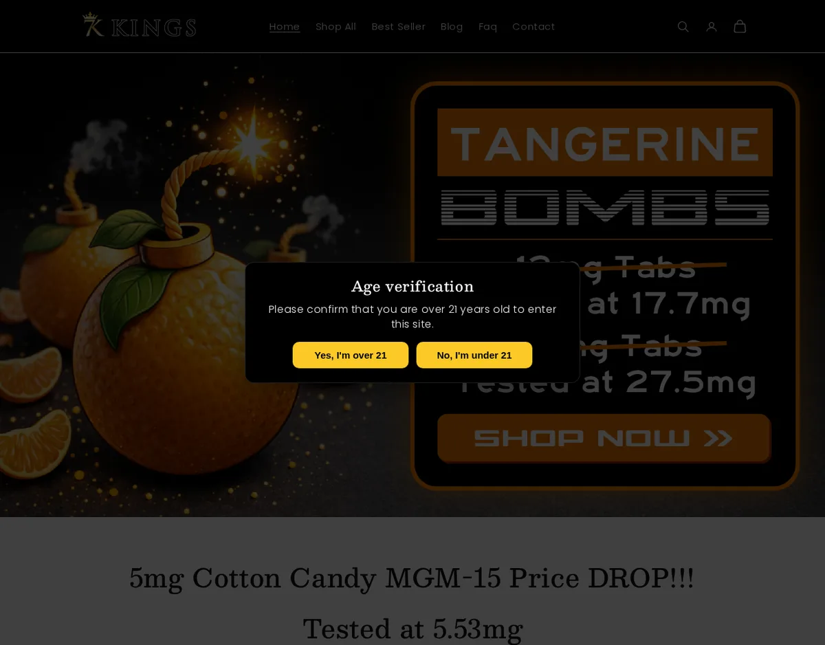 The March 2026 home page behind an age-verification box: a Tangerine Bombs banner reading 12mg Tabs Tested at 17.7mg and 20mg Tabs Tested at 27.5mg, and below it 5mg Cotton Candy MGM-15 Price DROP, Tested at 5.53mg.