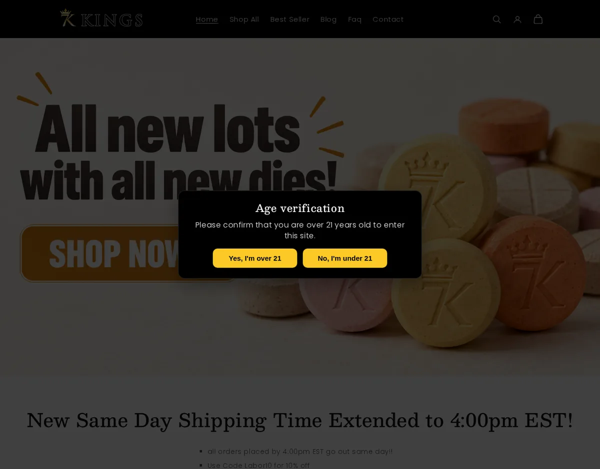 The October 2026 home page: a banner of pastel tablets stamped with a crown and K, reading All new lots with all new dies!, and below it New Same Day Shipping Time Extended to 4:00pm EST.