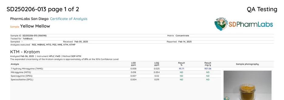 The top of a PharmLabs San Diego certificate of analysis, sample Yellow Mellow, sample ID SD250206-013, tested for 7ohBlack, received Feb 05 2025, reported Feb 14 2025, matrix concentrate: 7-hydroxy mitragynine 93.71 per cent, 937.06 mg/g; mitragynine, speciogynine and speciociliatine not detected.