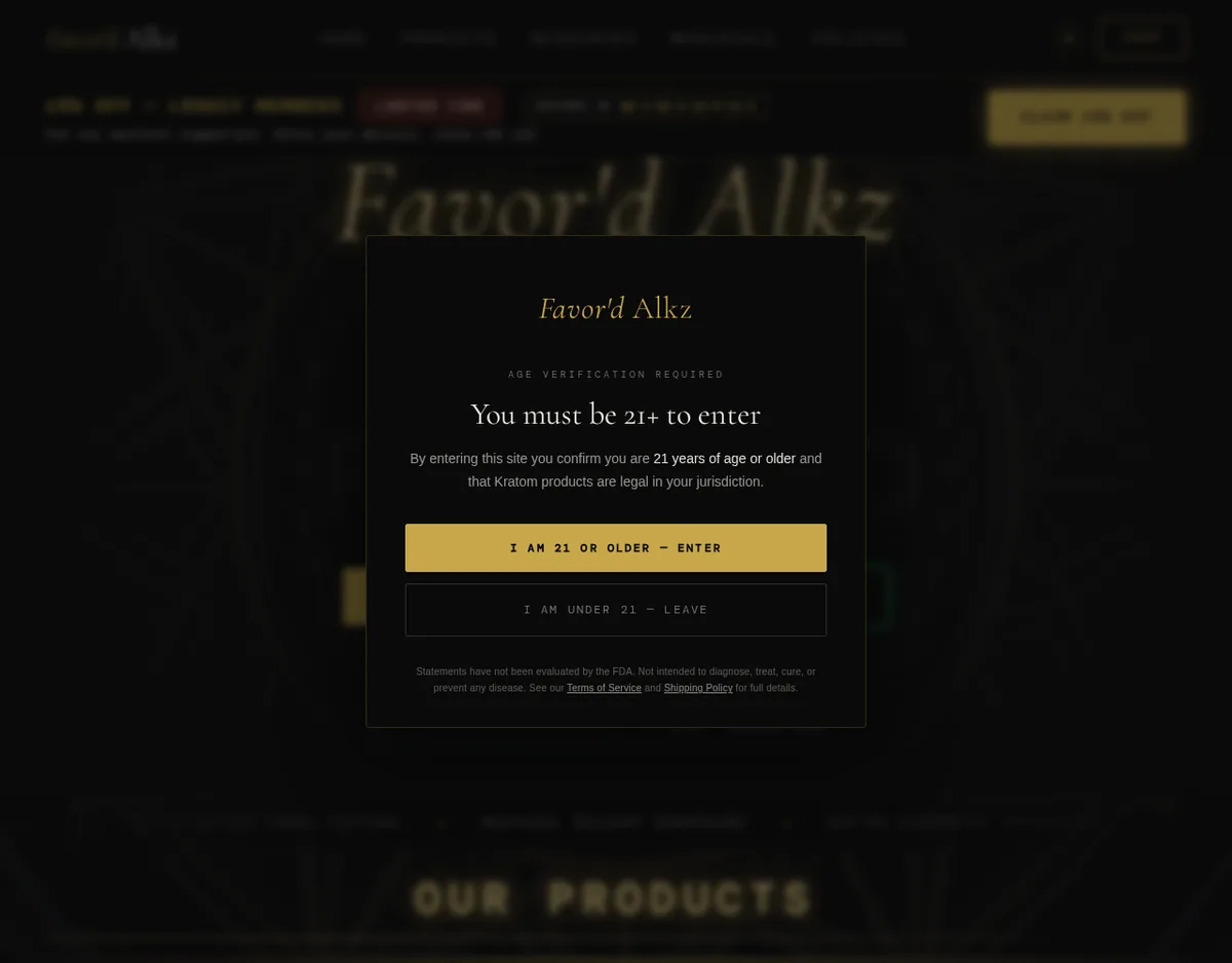 The favordalkz.com home page in May 2026 behind an age-verification box reading You must be 21+ to enter, with I am 21 or older, enter and I am under 21, leave buttons, and a line saying statements have not been evaluated by the FDA.