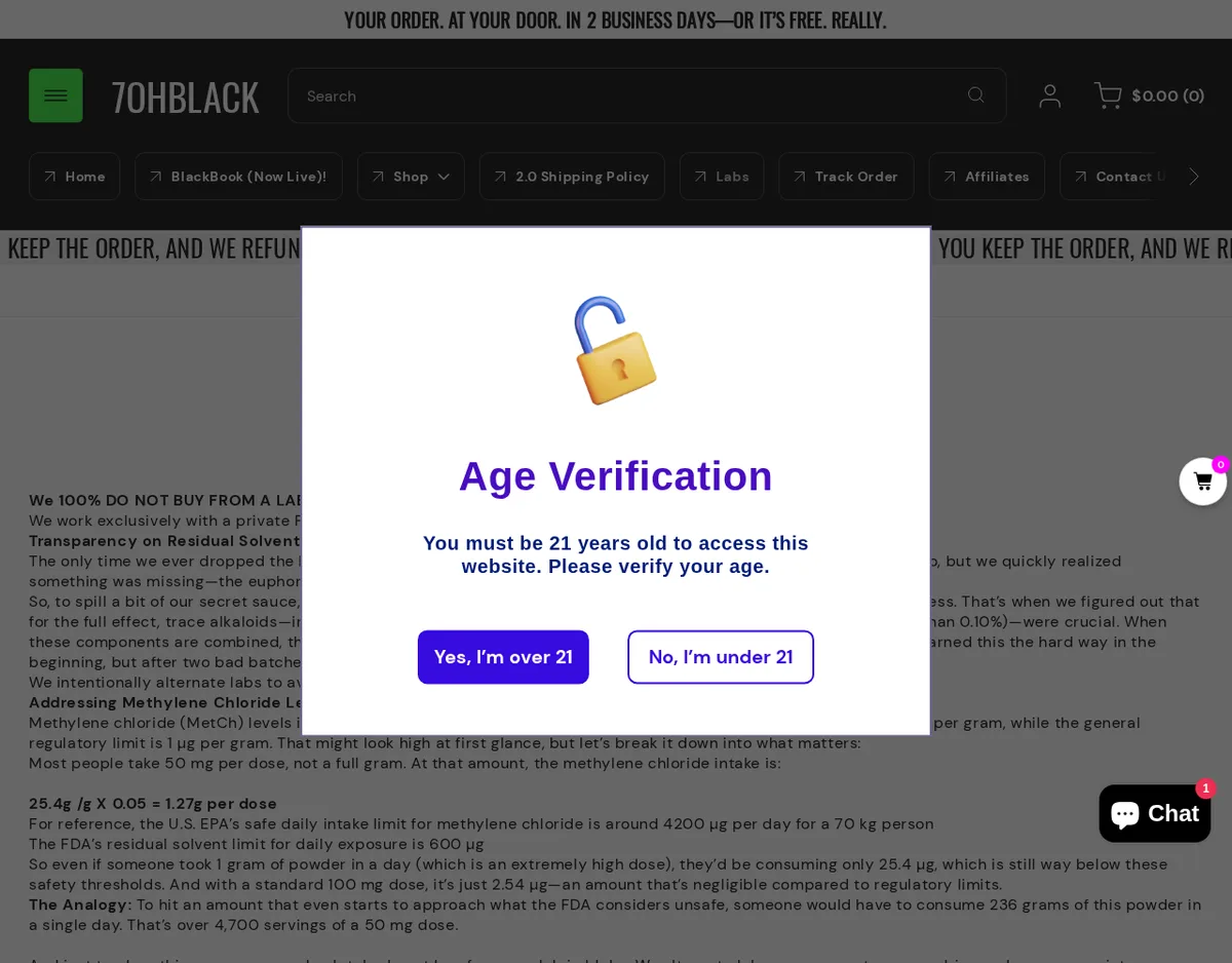 The 7ohblack.com labs page in February 2025 behind an age-verification pop-up reading You must be 21 years old to access this website, with Yes, I'm over 21 and No, I'm under 21 buttons. Behind it, text headed Addressing Methylene Chloride Levels works through 25.4 micrograms per gram and a 50 mg dose.