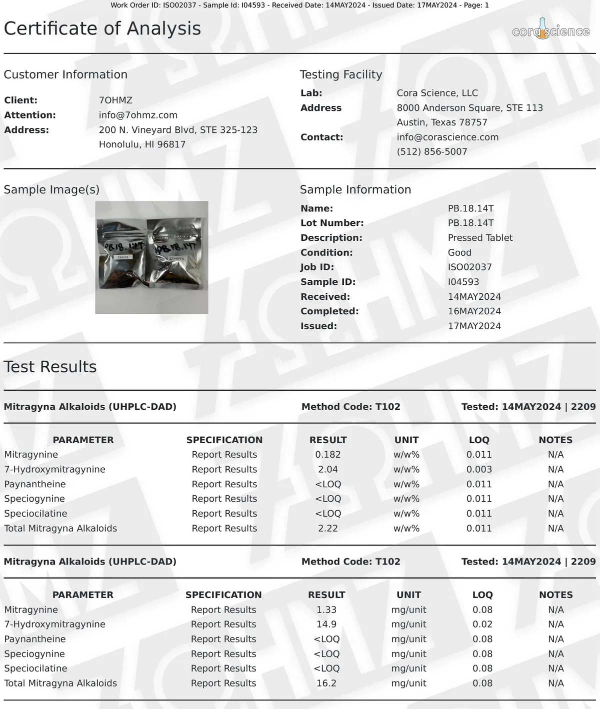 A Cora Science certificate of analysis issued 17 May 2024 for client 7OHMZ, 200 N. Vineyard Blvd, Suite 325-123, Honolulu: sample PB.18.14T, pressed tablet, in foil bags labelled by hand; results by UHPLC-DAD of 2.04% 7-hydroxymitragynine and 0.182% mitragynine by weight, and per unit 14.9 mg 7-hydroxymitragynine, 1.33 mg mitragynine, 16.2 mg total alkaloids.