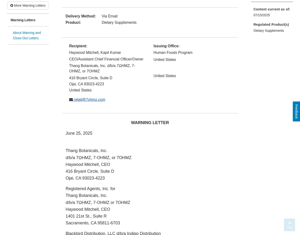 The FDA warning letter page: recipients Haywood Mitchell and Kapil Kumar, CEO, Assistant Chief Financial Officer and Owner, Thang Botanicals, Inc. d/b/a 7ΩHMZ, 7-OHMZ, or 7OHMZ, 416 Bryant Circle, Suite D, Ojai, CA; issuing office Human Foods Program; Warning Letter, June 25, 2025; a registered agent in Sacramento; Blackbird Distribution, LLC d/b/a Indigo Distribution.