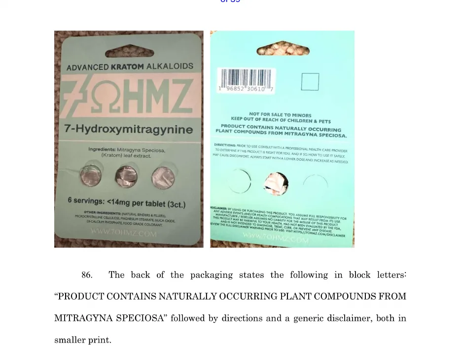 A page of a North Carolina wrongful-death complaint: photographs of the front and back of a 7ΩHMZ card, the front reading 7-Hydroxymitragynine, Ingredients: Mitragyna Speciosa (Kratom) leaf extract, 6 servings: <14mg per tablet (3ct.), the back reading Not for sale to minors and Product contains naturally occurring plant compounds from Mitragyna Speciosa; below, paragraph 86 quoting the back of the packaging.