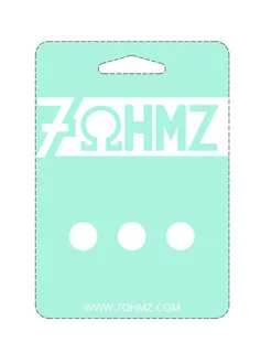 The drawing filed with trademark application 98668016: a teal hang card with the word 7ΩHMZ in a white band, the O drawn as the Greek letter omega, three white circles below, and www.7ohmz.com at the foot.