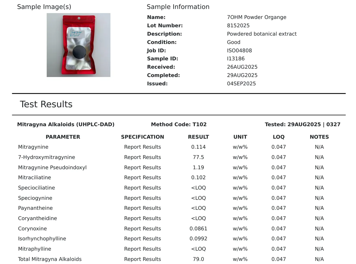 Part of a Cora Science certificate: a red foil bag hand-labelled 7OH Powder 8152025, sample name 7OHM Powder Organge, received 26 August 2025, issued 4 September 2025; 7-hydroxymitragynine 77.5%, mitragynine pseudoindoxyl 1.19%, total Mitragyna alkaloids 79.0%.